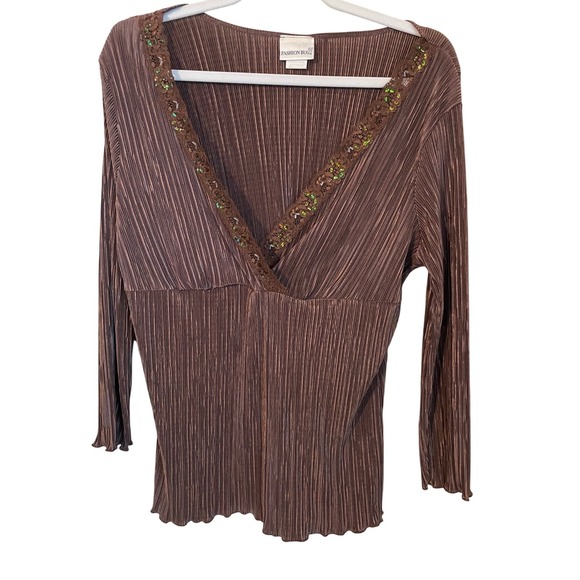 Fashion Bug Tops - Vtg Y2K Woodland Fairy Babydoll Top XL Brown Plisse Beaded Lace Fashion Bug
